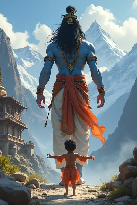  a small human boy stopping Lord Shiva from entering into a palace because maa parvati was bathing
Boy has to be cute
Background has to be himalayas