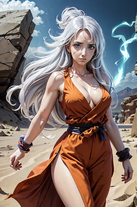 8k, Best Quality, masterpiece, Victoria Villarruel dressed as Goku, 1 girl, ultra_instinct, white_hair, glowing aura, bright white long hair, floating hair raised, bright silver eyes, slim with wide hips, serious mocking expression. outdoor, clearing, plai...