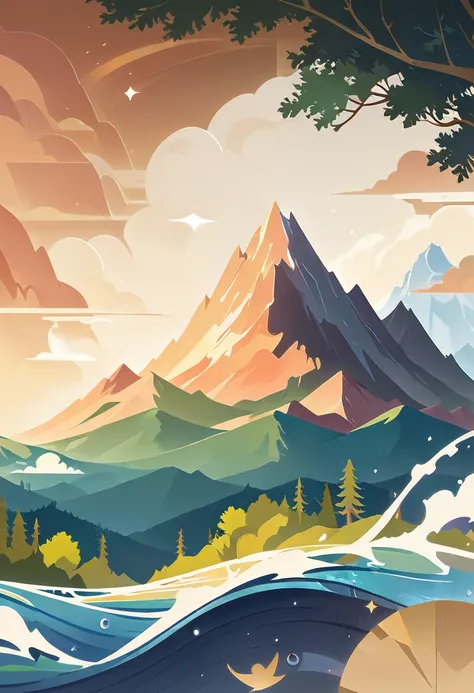 impressive painting of a mountain with trees and water, a detailed painting by Petros Afshar, shutterstock contest winner, environmental art, detailed painting, outlined art, 2d game art, isolated background for logo, strong contours, logo design
