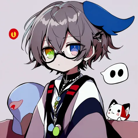 Anime boy, 10 years old, short and wavy platinum blond hair, heterochromia iridium, bright blue and light green eyes, thin silver glasses, pixiv style