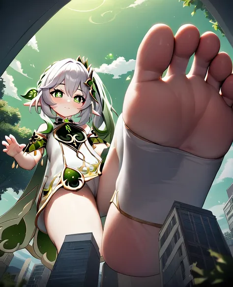 1girl, 1girl, nahida (genshin impact), genshin impact, stirrup socks, stepping,(pov from below:1.3), stepped on, pov, low angle, no shoes, feet, looking down, toes, one foot out of frame, leg lift, foot focus, barefoot, standing on one leg,  depth of field...