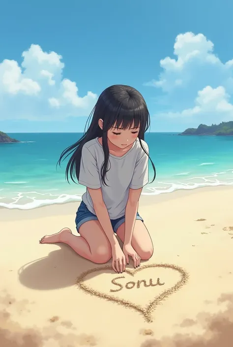 A 18 years old girl draws a heart on sand near sea and writes "Sonu" inside that heart
