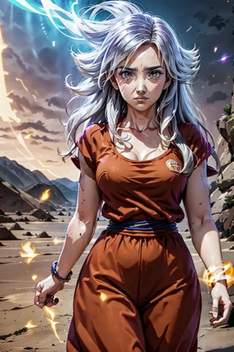 8k, Best Quality, masterpiece, Victoria Villarruel dressed as Goku, 1 girl, ultra_instinct, white_hair, glowing aura, bright white long hair, floating hair raised, bright silver eyes, slim with wide hips, serious mocking expression. outdoor, clearing, plai...