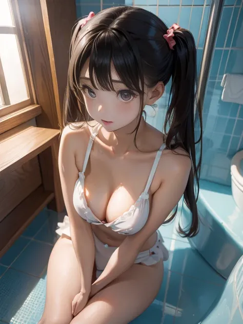 (8k、RAW Photos、Highest quality、masterpiece:1.2)、(Realistic、Photorealistic)、1 girl、Evening shower room、whole body、Big with a little droop:2.0、Beautiful symmetrical face、Twin tails、Short stature、Nipples、Curved waist、Cleavage、Young face