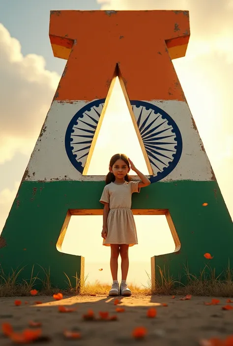 BING

create a realistic image shows a young girl saluting, standing beside a large letter A adorned with the colors of the Indian flag. This artwork could be celebrating Indian culture or could be used in contexts promoting national pride. Based on this, ...