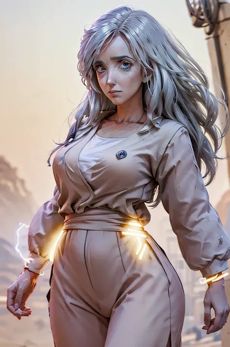 8k, Best Quality, masterpiece, Victoria Villarruel dressed as Goku, 1 girl, ultra_instinct, white_hair, glowing aura, bright white long hair, floating hair raised, bright silver eyes, slim with wide hips, serious mocking expression. outdoor, clearing, plai...