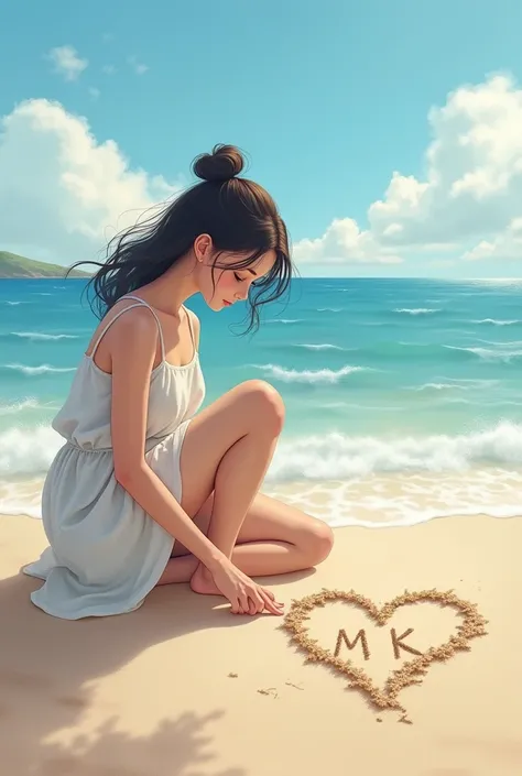 A 18 years old girl draws a heart on sand near sea and writes "M  K" inside that heart
