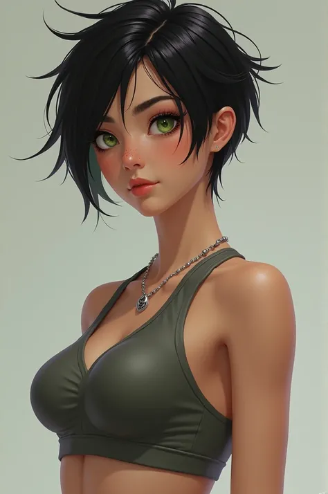 She has short, spiky black hair and piercing green eyes. Shes fit and athletic, with a small yet proportional figure. Her skin is smooth and fair, with a smattering of freckles across the bridge of her nose. Shes wearing a sleeveless top and shorts, showca...