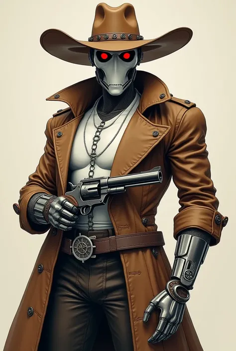 Menacing white robot with black eyes and red pupils
Wearing an Cowboy out fit and a brown raincoat and cowboy hat
With a steampunk revolver in anime style