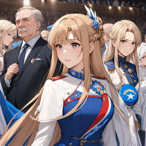 ((Highest quality)), ((masterpiece)), (detailed), （Perfect Face）、The woman is Yuuki Asuna, a Russian with light brown, semi-long hair.、The woman is a member of the United Russia party and is beautifully dressed in the fine attire and luxurious accessories ...