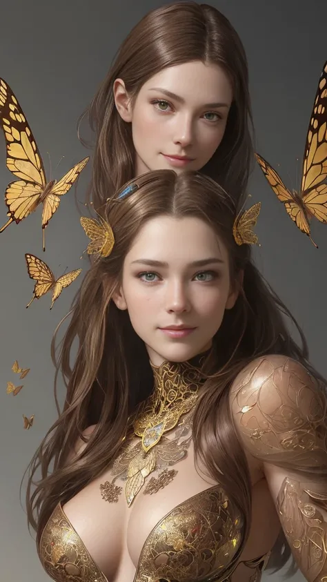 8k portrait of beautiful cyborg with brown hair, professional model smiling for the camera, intricate, elegant, highly detailed, majestic, digital photography, art by artgerm and ruan jia and greg rutkowski surreal painting gold butterfly filigree, broken ...