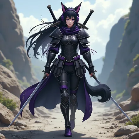 realistic image of a 17 year old girl with long black hair,has a scar on his right cheek and black armor,carry  two swords on the back  wear purple shoes , with purple sword, walking on a rocky road, wearing a purple headset and glasses wear trousers and h...