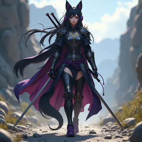 realistic image of a 17 year old girl with long black hair,has a scar on his right cheek and black armor,carry  two swords on the back  wear purple shoes , with purple sword, walking on a rocky road, wearing a purple headset and glasses wear trousers and h...