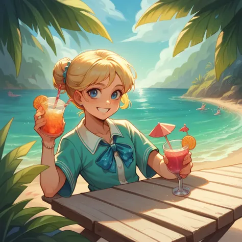 Masterpiece, top quality, highly detailed, extremely detailed, ultra-realistic, delicate anime style illustration, midsummer in Hawaii, strong sunlight, drink stand on Waikiki Beach, seat in the shade, vivacious young mermaid with blonde bob giving an aloh...