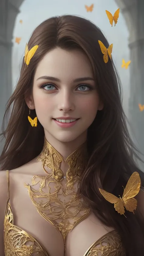 8k portrait of beautiful cyborg with brown hair, professional model smiling for the camera, intricate, elegant, highly detailed, majestic, digital photography, art by artgerm and ruan jia and greg rutkowski surreal painting gold butterfly filigree, broken ...