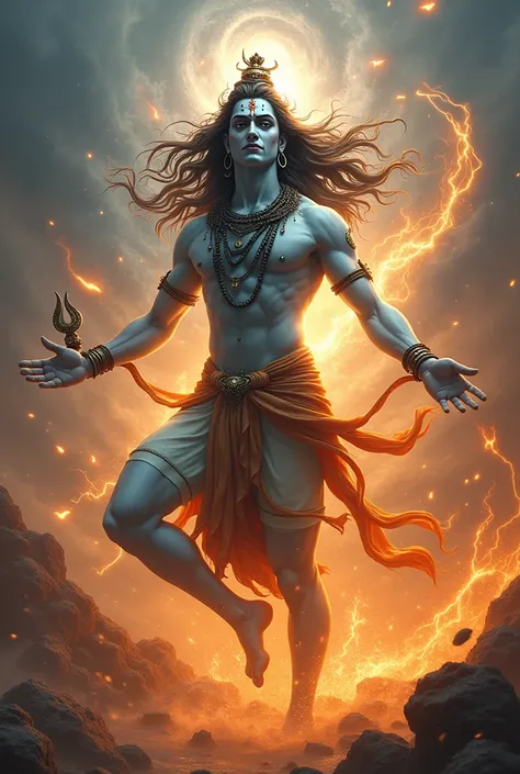 Show the shiv tandav stotrams first shloks imagery into an image showing him dancing fiercely and note that he is white like champhor