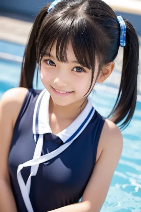 cute, girls, elementary school students, black hair, twin tails, dark blue school swimsuit, medium bust, smile, shiny skin