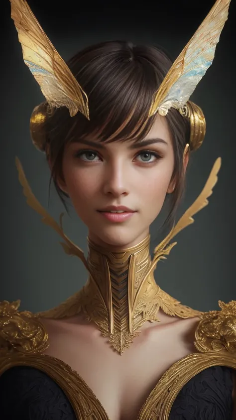 8k portrait of beautiful cyborg with brown hair, professional model smiling for the camera, intricate, elegant, highly detailed, majestic, digital photography, art by artgerm and ruan jia and greg rutkowski surreal painting gold butterfly filigree, broken ...