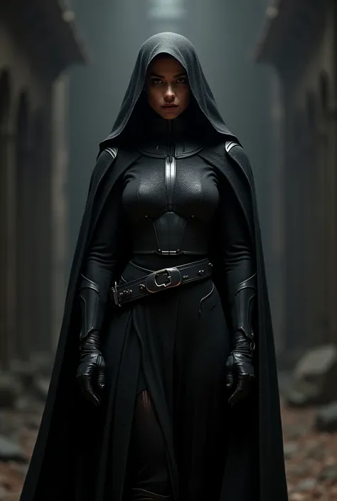 Female sith, buzzcut, dark skin, black body armor, black robe, standing, frontal, black hood