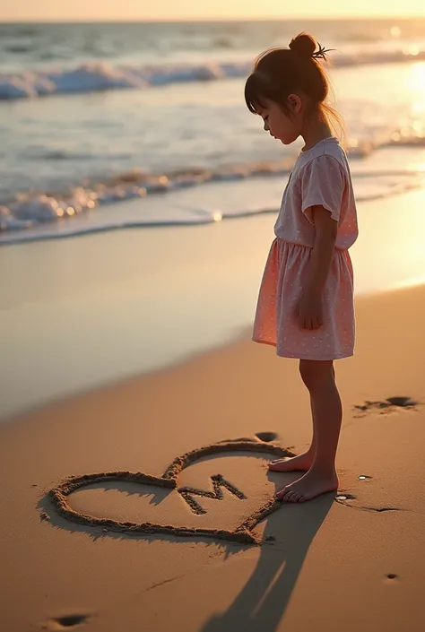 A 18 years old girl draws a heart on sand near sea and writes "M" inside that heart
