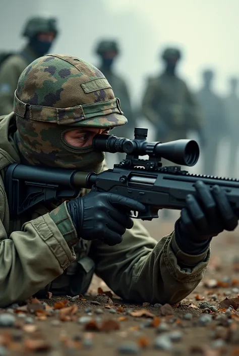 An army soldier takes aim with a sniper rifle while maintaining camouflage and stealth, surrounded by guards in the background