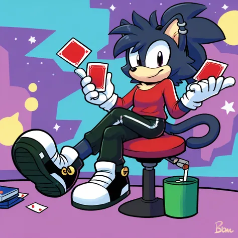 Custom avatar, Glitchy the Cat character, wearing black shorts, in the cyberspace￼, abstract, backround, sitting down on crossed legs, playing a game of cards, someone holding his leg, 