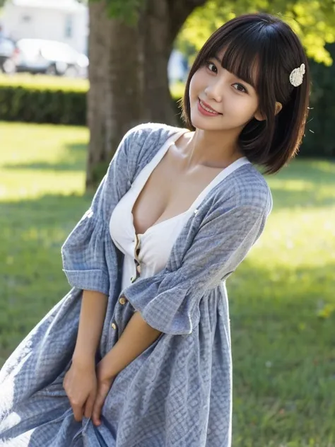 (western woman, Eyes realistic size, Droopy eyes, Round face), ((Button removed々Patterned casual dress, Old Fashion)), Thighs, Small breasts, (Focus on the nipples, pubic hair), Corner gate of the park, smile, Open your mouth, the wind is strong, Strong su...