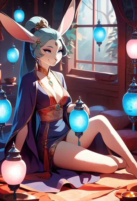 masterpiece, best quality, novel illustration, highres,  romantic fantasy, exotic, oriental, furry rabbit, kekkonu, adventurous heroine, smiling, joyful, enchanting, turquoise lamps, gorgeous lamps, magical world, sensuality, eroticism, captivating, alluri...