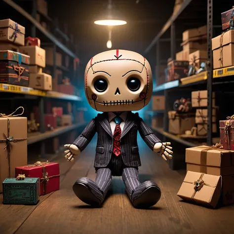 (knitted toy voodoo doll:1.8)
(Voodoo Jeff Bezos:1.3)
(Clothing: tattered business attire with mystical symbols:1.0)
(Accessories: miniature glowing delivery drones, tiny floating packages, small enchanted shipping boxes:1.2)
(background: eerie warehouse w...