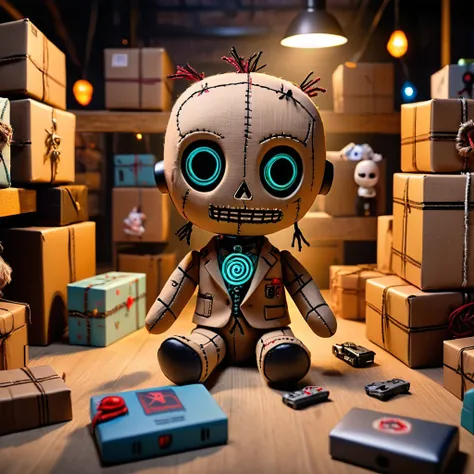 (knitted toy voodoo doll:1.8)
(Voodoo Jeff Bezos:1.3)
(Clothing: tattered business attire with mystical symbols:1.0)
(Accessories: miniature glowing delivery drones, tiny floating packages, small enchanted shipping boxes:1.2)
(background: eerie warehouse w...