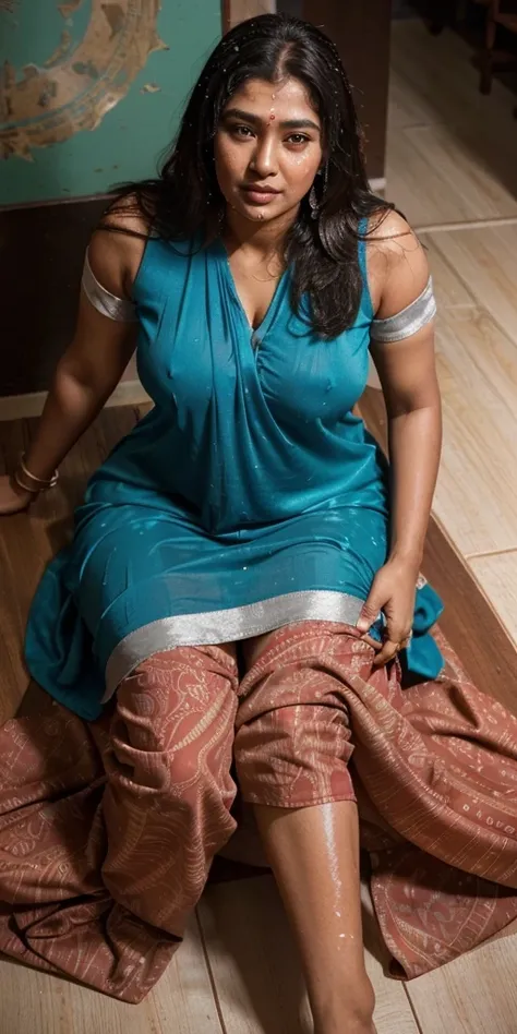 Day scene, full body photo of a plus sized 45 year old indian with a man from top view, (Masterpiece, Best Quality, High Resolution), office Background, (cum Splash on her breasts and nipples, cum Splash on her face, Splash of cum on face, cum Splash on he...