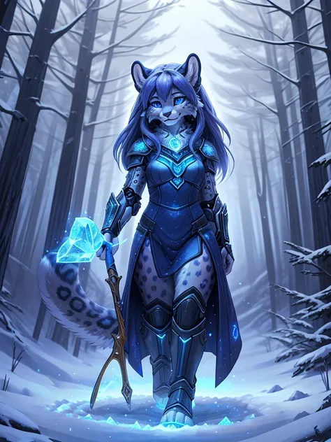 A meticulously detailed, high-definition digital painting of an anthropomorphic snow leopard character standing confidently in an enchanted winter forest. The snow leopard has luxurious, long, flowing silver fur with subtle streaks of icy blue, giving her ...