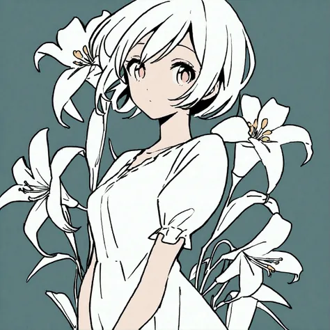 Woman solo in white dress Summer Nostalgic Simple and beautiful color scheme Flat color Flower Chic art White lily 