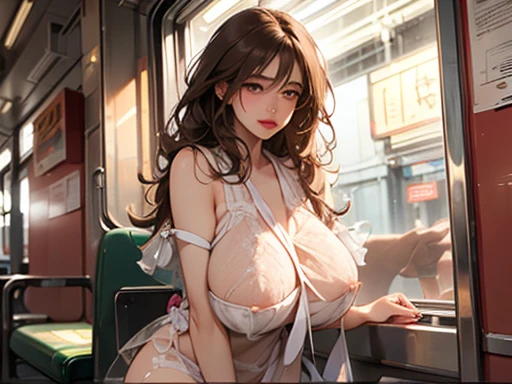 (Big Tits,valley,Plump,Saggy breasts,Rocket Breasts),sexy,whole body,(Long Hair,Light brown hair,Curly Hair),Breast bag,Adult women,Strong-minded beauty,Gal,Big Ass,Dirty pervert,transformation,shame,Breast shaking,See-through dress,slit,crowded train,crow...