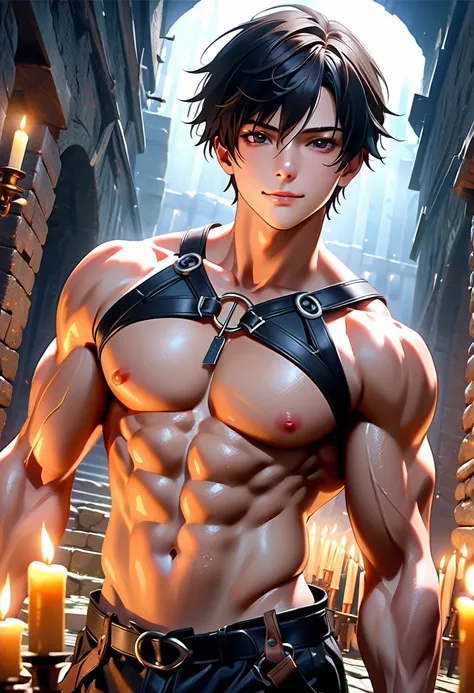 high quality, (japanese 17 years old boy), (detailed black eyes), (black hair), (muscle:1.5), naked, (shiny skin), crossed harness, black thong, bulge, (detailed puffy nipples), looking at viewer, candle, dungeon, best quality, 4k, highres, (masterpiece:1....