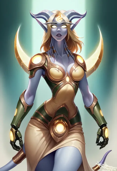 A hybrid woman with long elf ears and draenei horns, large chest, narrow waist, wide hips, cyborg body parts, glowing gold eyes, gold tinted skin, gold hair, facial tattoos, cyborg arms and chest, draenei jewelry over the body, sci-fi, intricate details, h...