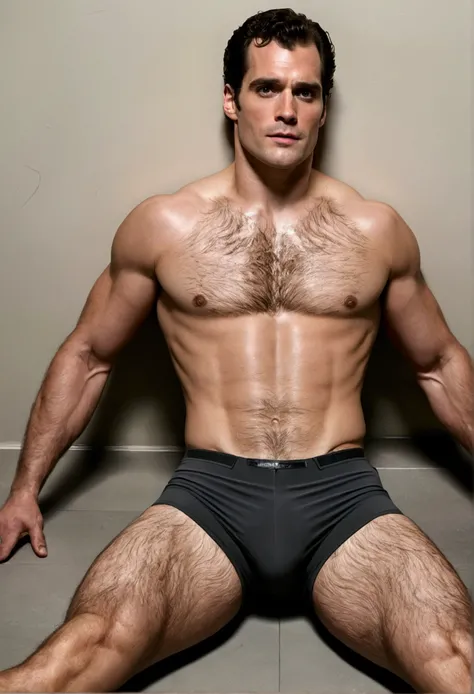 Henry Cavill muscular naked lying on the floor、lying down with legs open and raised ready to be penetrated, his anus sticks out, with gestures of having an orgasm on his face