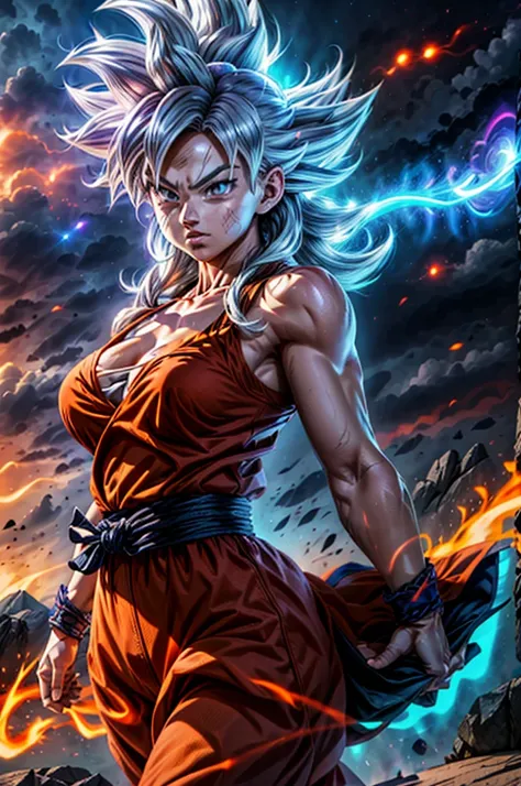 8k, Best Quality, masterpiece, woman dressed as Goku, 1 girl, ultra_instinct, white_hair, glowing aura, bright white long hair, floating hair raised, bright silver eyes, slim with wide hips, serious mocking expression. outdoor, clearing, plain, desert.