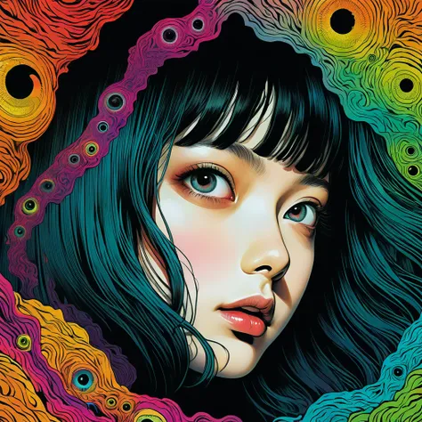 An illustration、art、70s horror movie posters, Supervised by Junji Ito、High detail, Realistic Shadows、Analog Style, chromatic aberration, Surrealism、Complementary Gradient