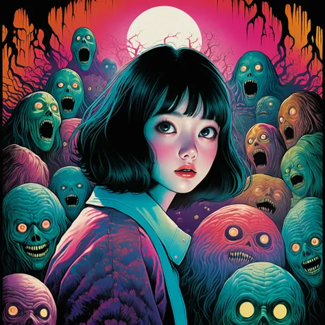 An illustration、art、70s horror movie posters, Supervised by Junji Ito、High detail, Realistic Shadows、Analog Style, chromatic aberration, Surrealism、Complementary Gradient