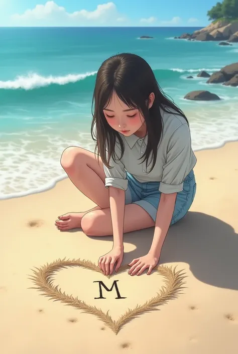 A 18 years old girl draws a heart on sand near sea and writes "M" inside that heart
