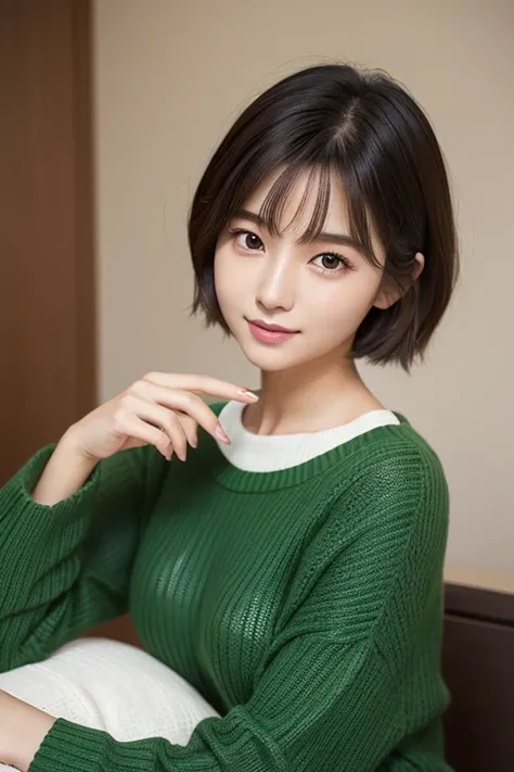 arafed asian woman Short Hair and a green sweater, Young and adorable Korean face, Portraits of Korean female idols, beautiful young Korean women, Cute Korean Actresses, Short Hair, South Korean actress, gorgeous young Korean women, Young and pretty Asian ...