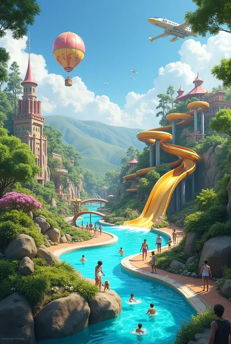 Beautiful Water park with gold water ride and air ballon and fly train 