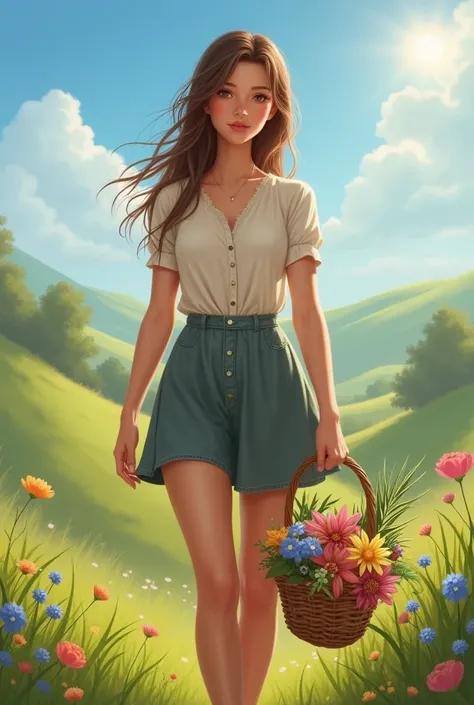 A young shepherdess in simple, rustic clothing, holding a small basket of flowers or herbs, symbolizing her connection to nature., cleavage, thigh, short skirt, sexy