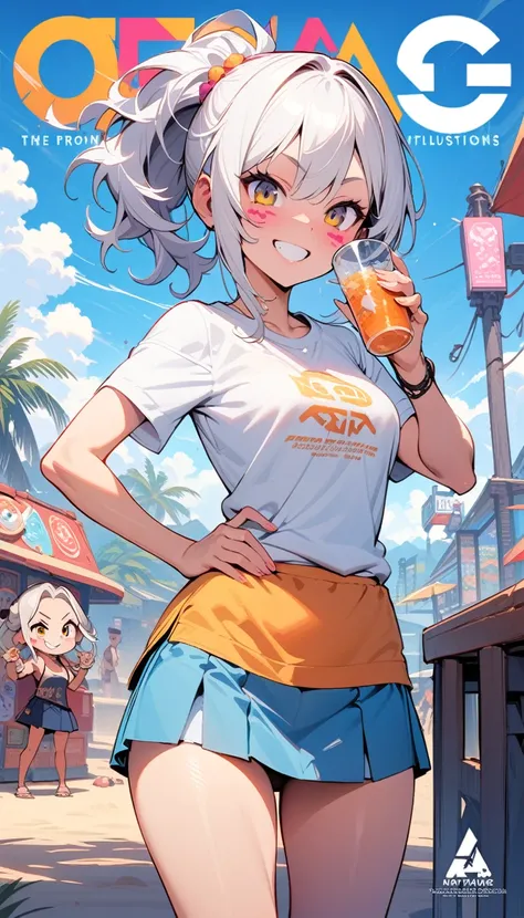 ((best quality)) , ((masterpiece)) , (detailed),The front cover of the game "F fightersonde illustrations, white haired girl in short skirt holding magazine with title text "ogi Illustrations" and logo name on it, blue sky background, colorful cartoon styl...