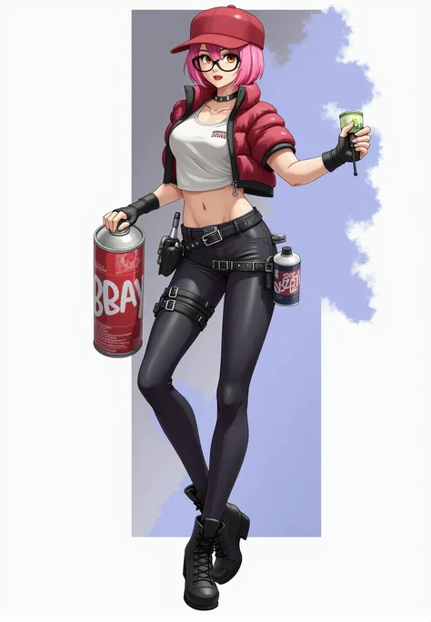 Cool street style，Female character wearing a striking red baseball cap，Short pink hair attracts attention，Brown glasses add a bit of intellectuality。Wearing a short red down jacket，Hand holding graffiti spray paint，Every step exudes creativity。Tight leathe...