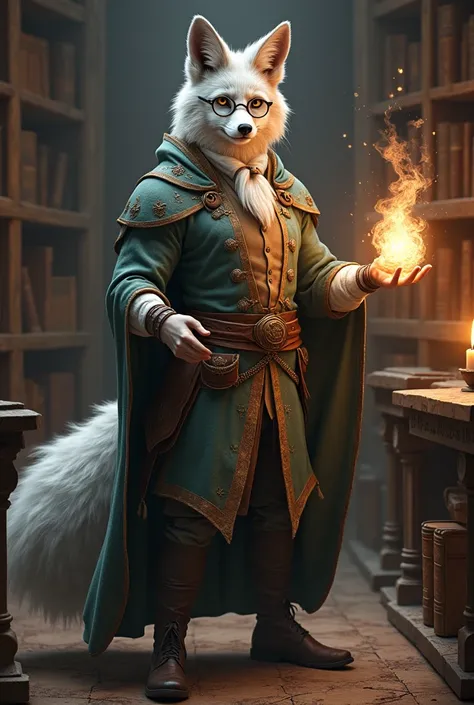 Furry half muscular male silver fox with round glasses and medieval librarian costume, and magic