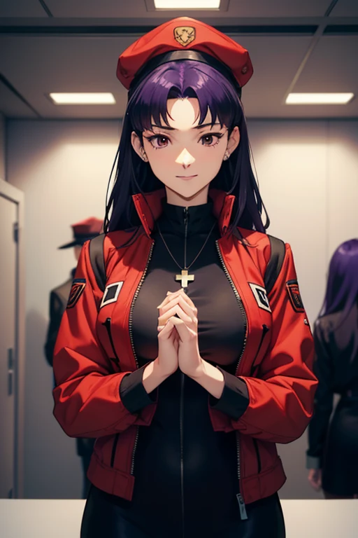 1womanl, attire: Black Bodycon,middlebreast、 short black tight dress, Black eyes, Purple hair, Medium Hair, a smile, cross necklace, tall, Slim body,  (nffsw), (((Misato katsuragi))),  NERV、Operation control room, (((Front view))), Looking at Viewer,  Perf...