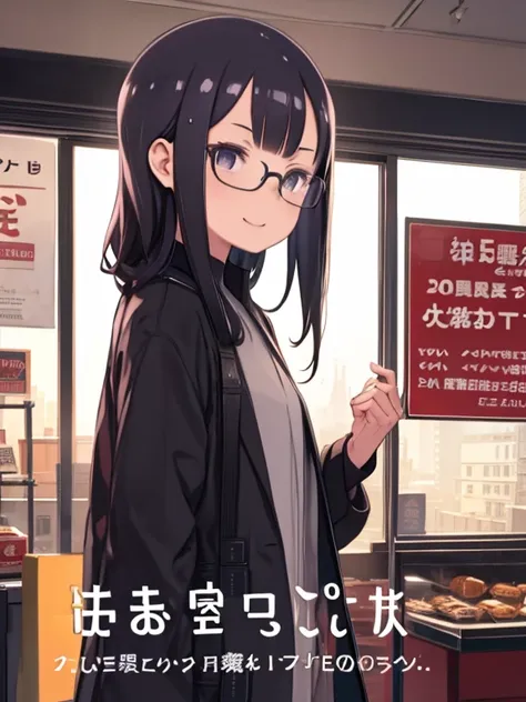 Highest quality, Very detailed, figure, One girl, alone, Glasses, Black Hair, Long Hair, Duffle coat, Black Bag, smile, View your viewers, alone focus, hair panel, Love Hotel, front, indoor, shop, sign,