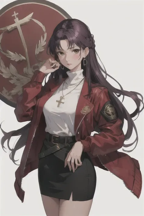 (best quality:1.4,masterpiece:1.4,ultra detailed,hires),
katsuragi misato,mature woman,brown eyes,medium breasts,
long hair,purple hair,parted bangs,
black turtleneck:1.2,red cropped jacket,open jacket,
cross necklace,earrings,emblem,belt,
black pencil ski...